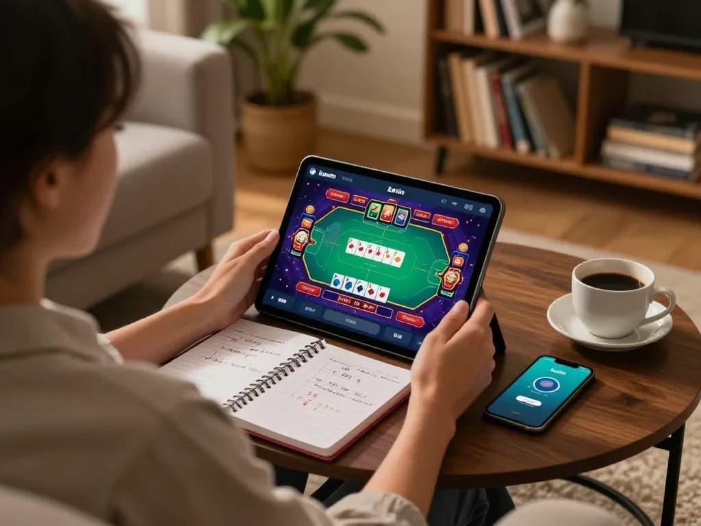 Engaging with kuwin on mobile tablet during comfortable at-home casino gaming session.