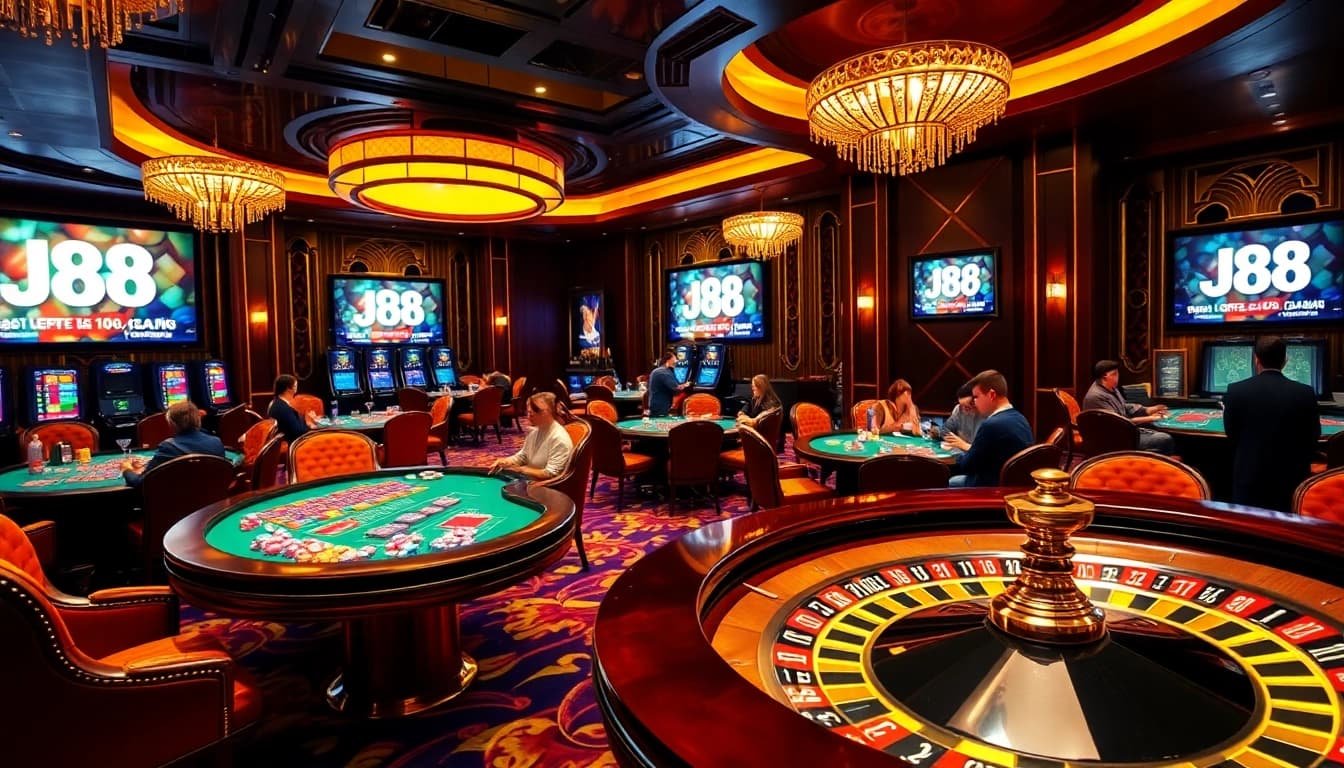 Experience the thrilling action of j88 at a luxurious casino with vibrant games and players.