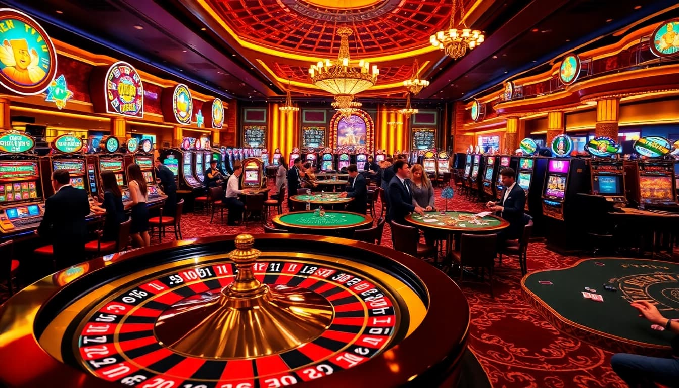 Players enjoying gaming excitement at ok8386.com casino with bright tables and vibrant visuals.