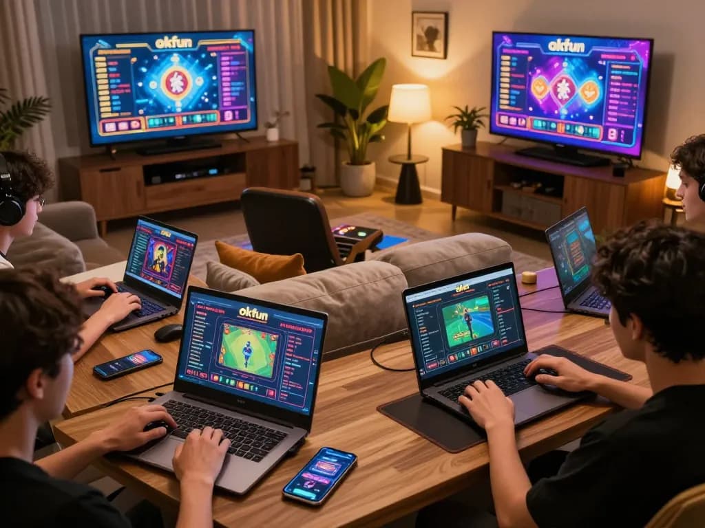 Gamblers enjoying online casino gaming through okfun app on smartphones and laptops, showcasing interactive gameplay.