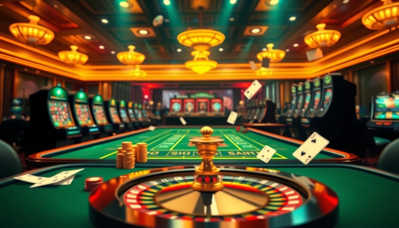 Exciting gameplay on a trang web cá cược featuring animated chips, roulette wheel, and poker tables.