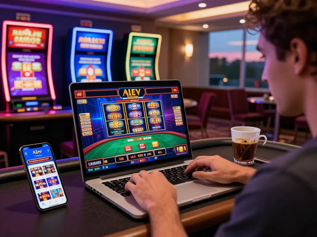 Player enjoying Alev Casino's live dealer games on a laptop in a vibrant gaming room.