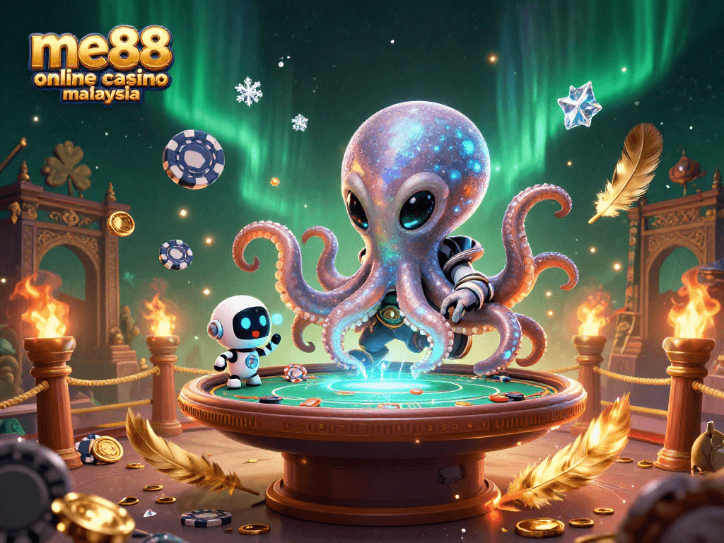 Experience gaming thrills at me88 online casino malaysia with a cartoon alien octopus operating a poker table.