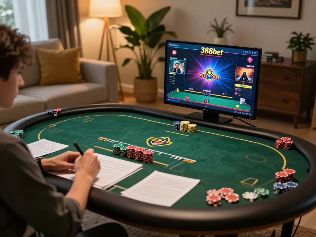 Engaging poker game on 388bet mobile app, showcasing strategic gameplay in a cozy setting.