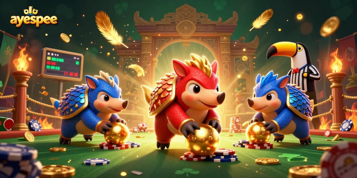Ayespee menghadirkan pengalaman menarik bermain slot online dengan pangolin rival berguling dan poker chip berserakan.