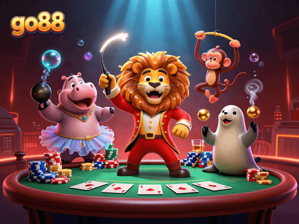 Experience exciting gaming action with go88 featuring dynamic circus characters and a poker scene.