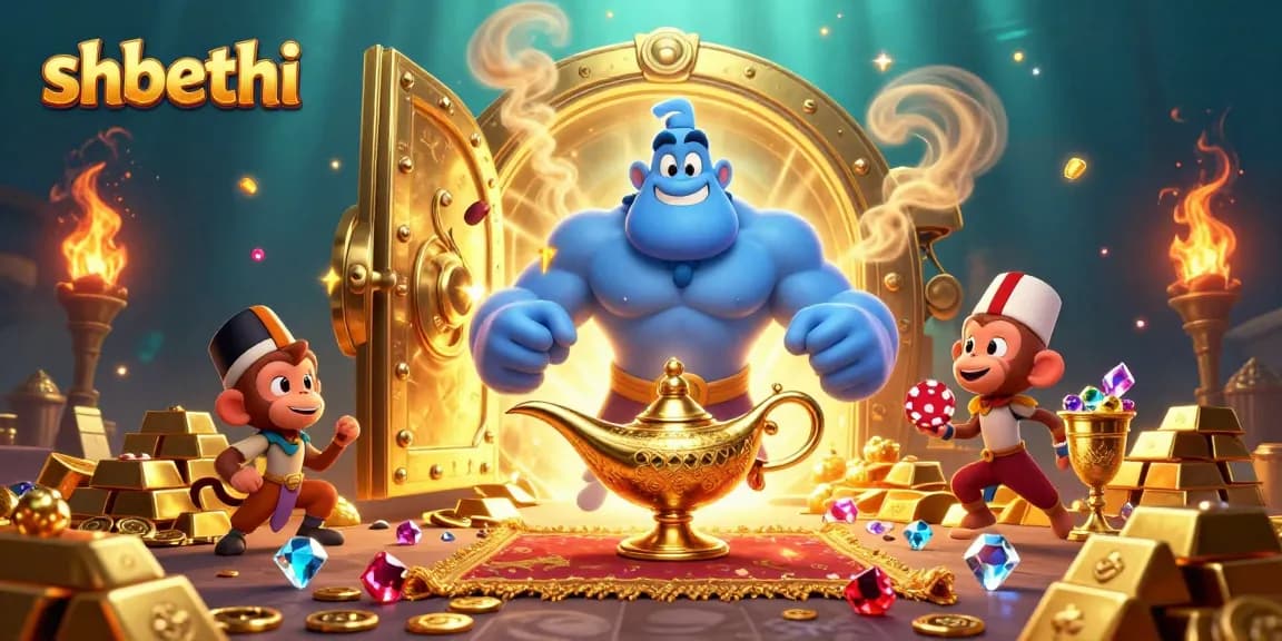 Experience shbethi's vibrant casino world filled with treasures, a genie, and gaming excitement.