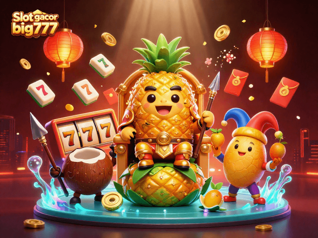 Spin the reels of Slot gacor big777 with the vibrant 3D casino scene showcasing festive characters and elements.