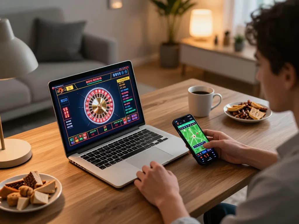 Engaging gameplay on bem88 with a laptop and smartphone showcasing exciting casino games and sports betting.