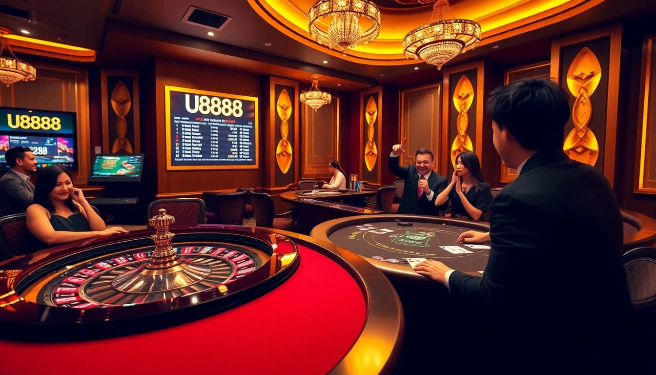 A U888-themed luxurious casino scene showcasing roulette and poker excitement with enthusiastic players.