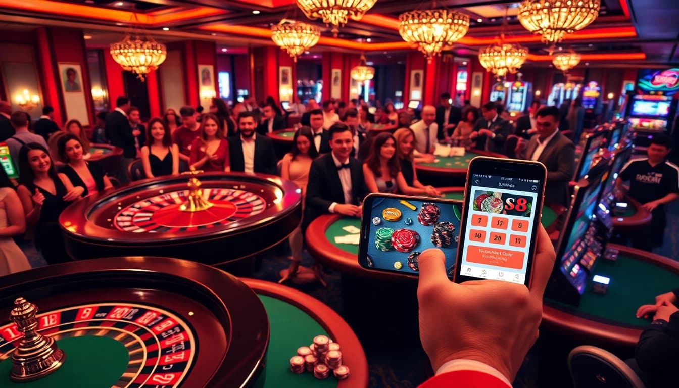 Experience exhilarating wins with the S8 app at a luxurious casino setting, featuring vibrant slot machines and poker tables.