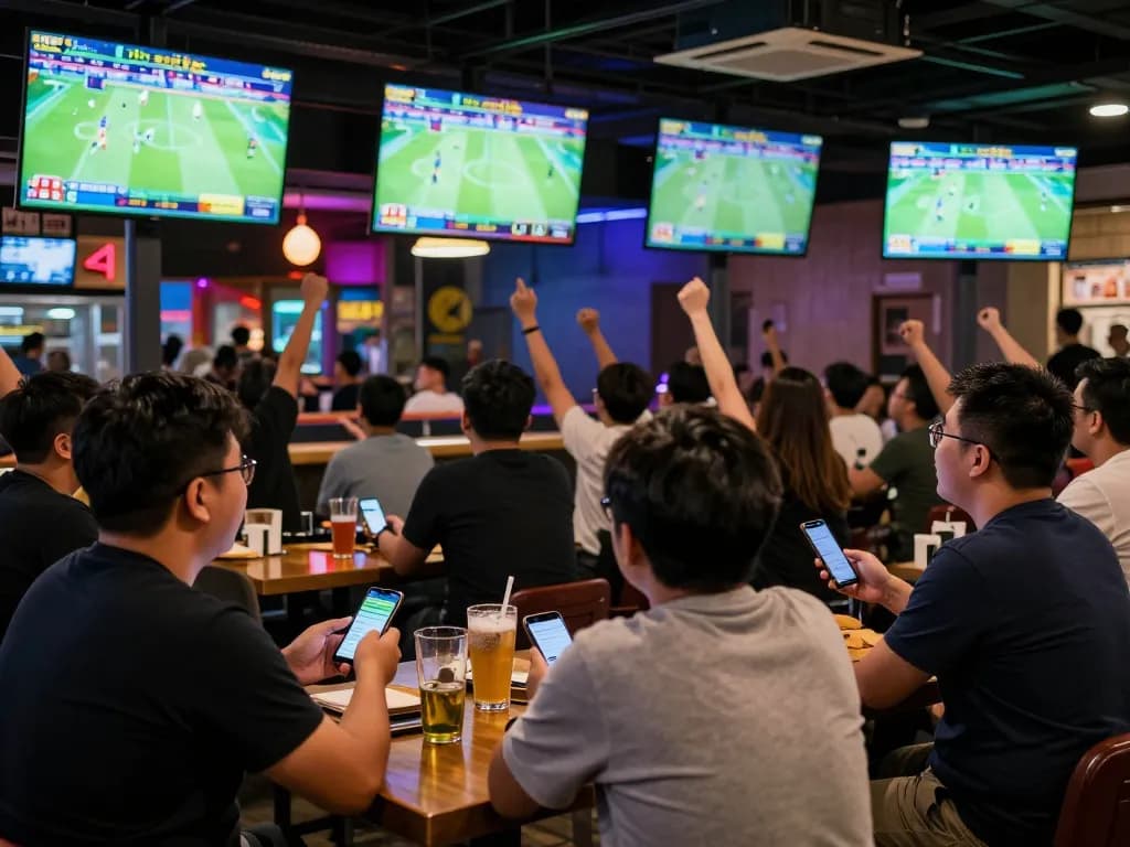 Engaged fans enjoying sports while using betting apps for tin soi kèo, showcasing excitement.