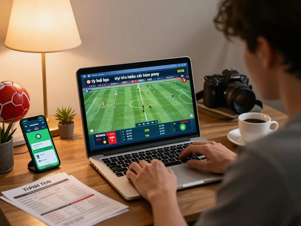 Engage in tỷ lệ kèo nhà cái hôm nay during exciting online sports betting session at home.