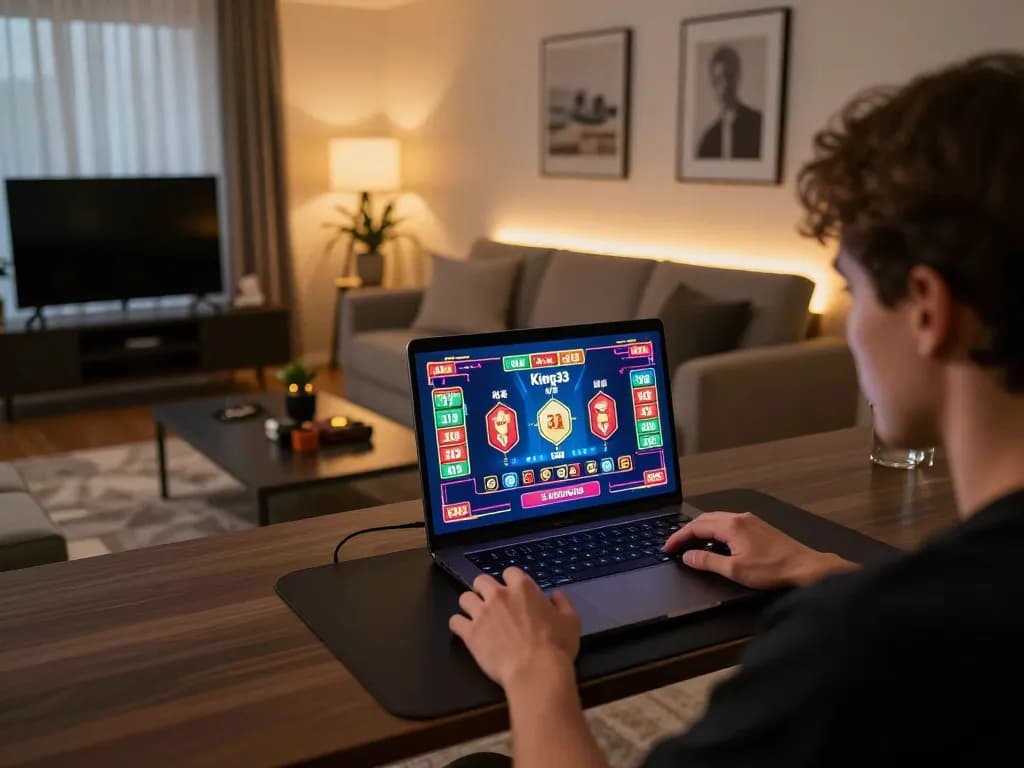 Engaging with King33 online casino games, a player focuses on gameplay strategies in a cozy home setup.