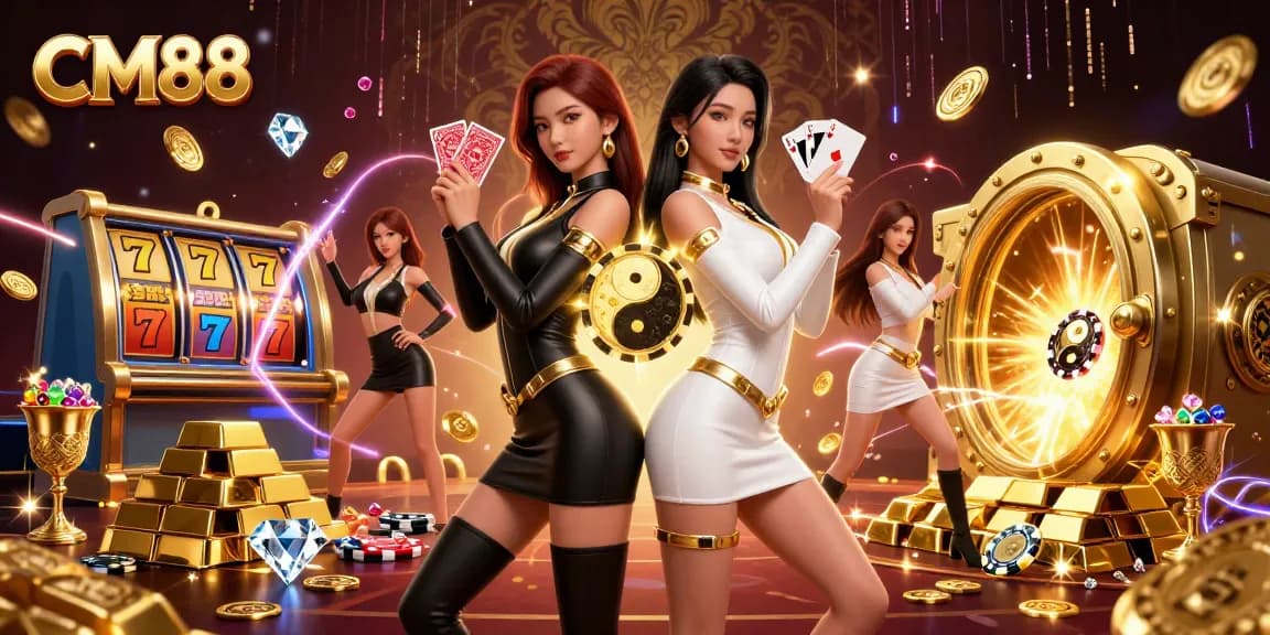 Win big at CM88 with stunning twin Asian women showcasing their cards in an electrifying casino setting.