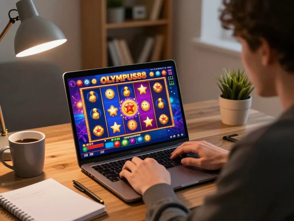 Engaged player enjoying OLYMPUS88 online slots on laptop during cozy home session.