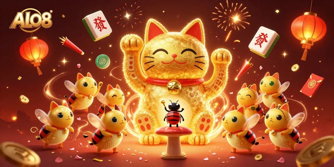 Experience ALO8's vibrant gaming universe with golden firefly symbols and festive confetti.