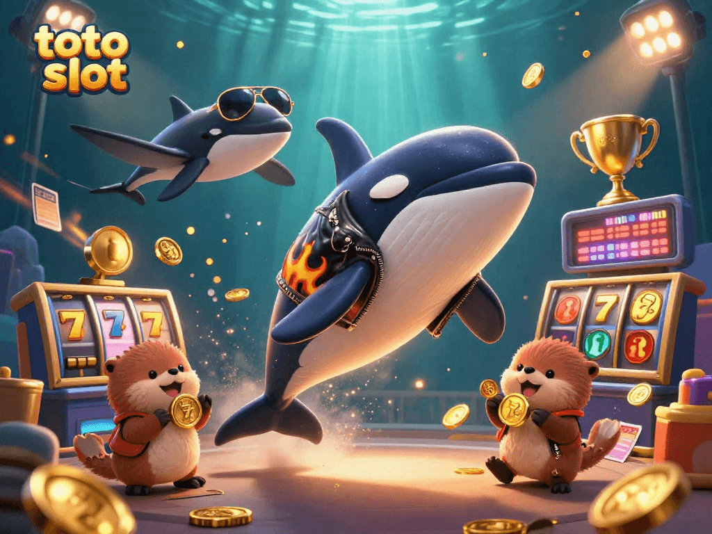 Experience the thrill of toto slot with cartoon orca, stingray, and otters celebrating jackpots together.
