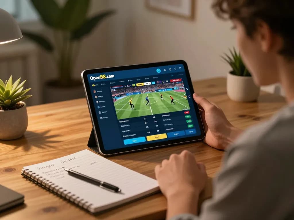 Placing bets on open88.com with a tablet in a well-organized home office.