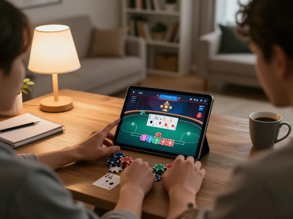Taisunwin poker game in a cozy home, showing user engaged with tablet interface.