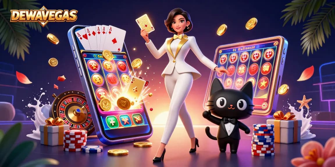 Experience thrilling wins at DEWAVEGAS with a 3D scene showcasing top slot games and lively casino action.
