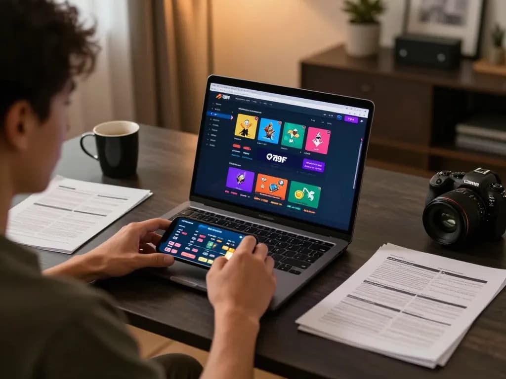 Engaged bettor using 789F online platform on laptop and smartphone in a cozy home setting.