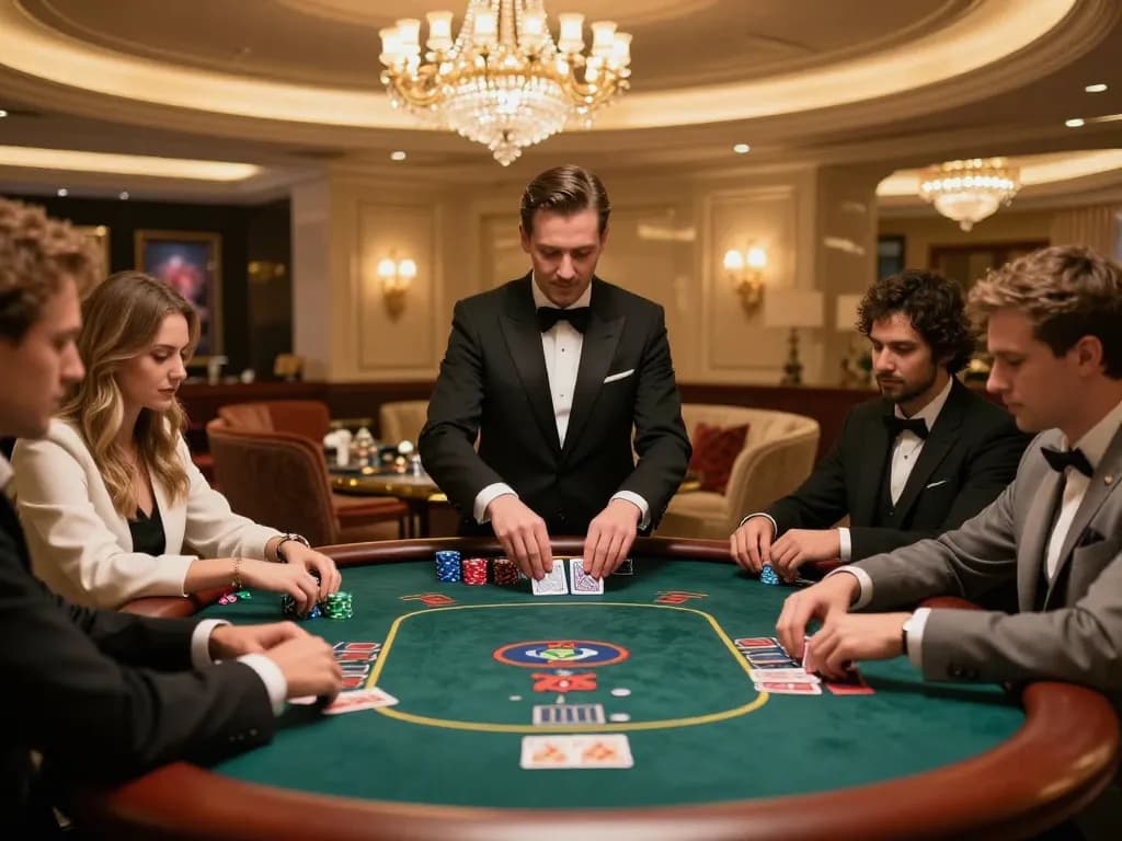 Engaged players at a high-stakes poker game in a luxurious setting at https://keonhacai5.mobi/, highlighting strategic gameplay.