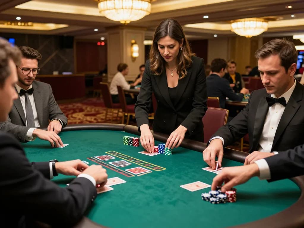 Players strategizing at a blackjack table in the chic ok8386 casino setting.