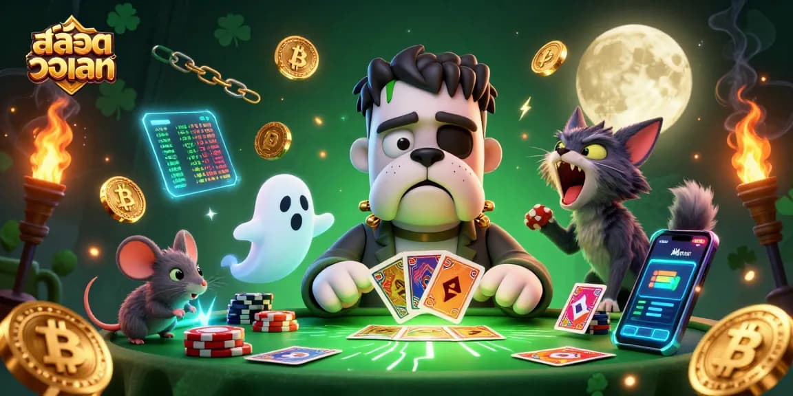 Experience the thrill of สล็อตวอเลท as a cartoon Frankenstein bulldog dealer engages players at a vibrant casino table.