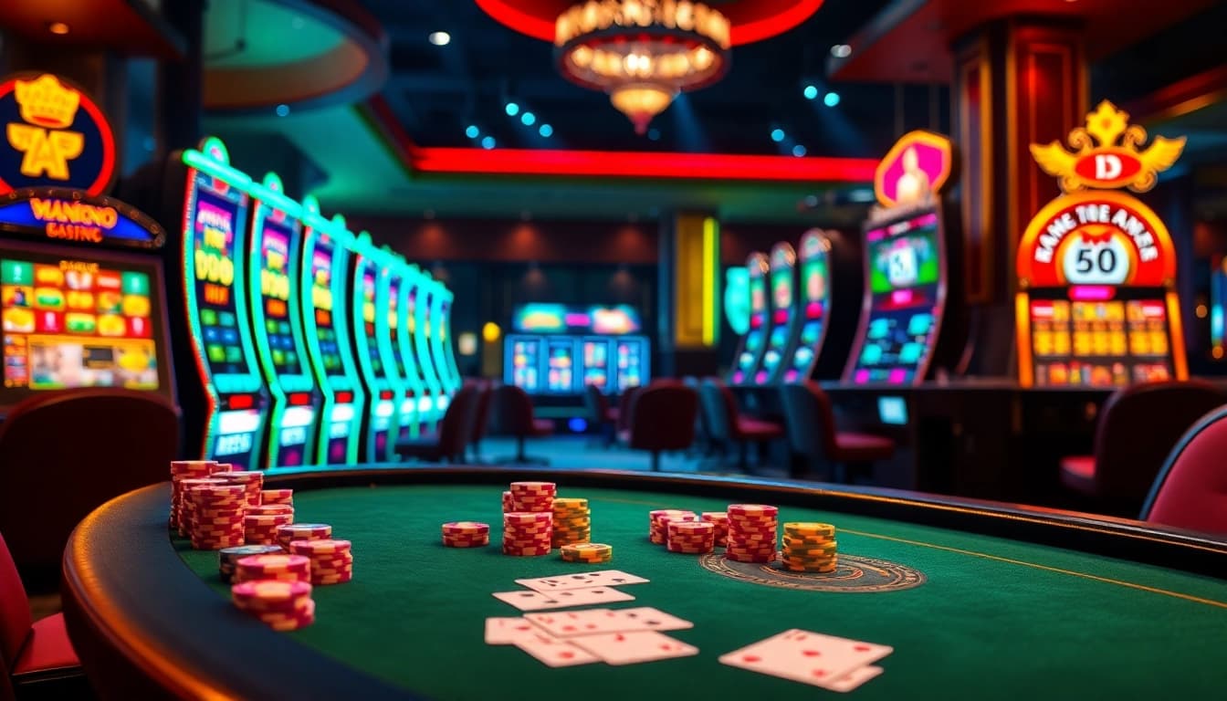 Experience the excitement of B52club with vibrant casino tables, colorful chips, and captivating slot machines.
