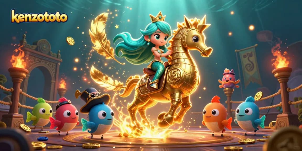 Kenzototo offers vibrant gameplay opportunities with a mermaid riding a seahorse, surrounded by festive sea creatures and rich elements.