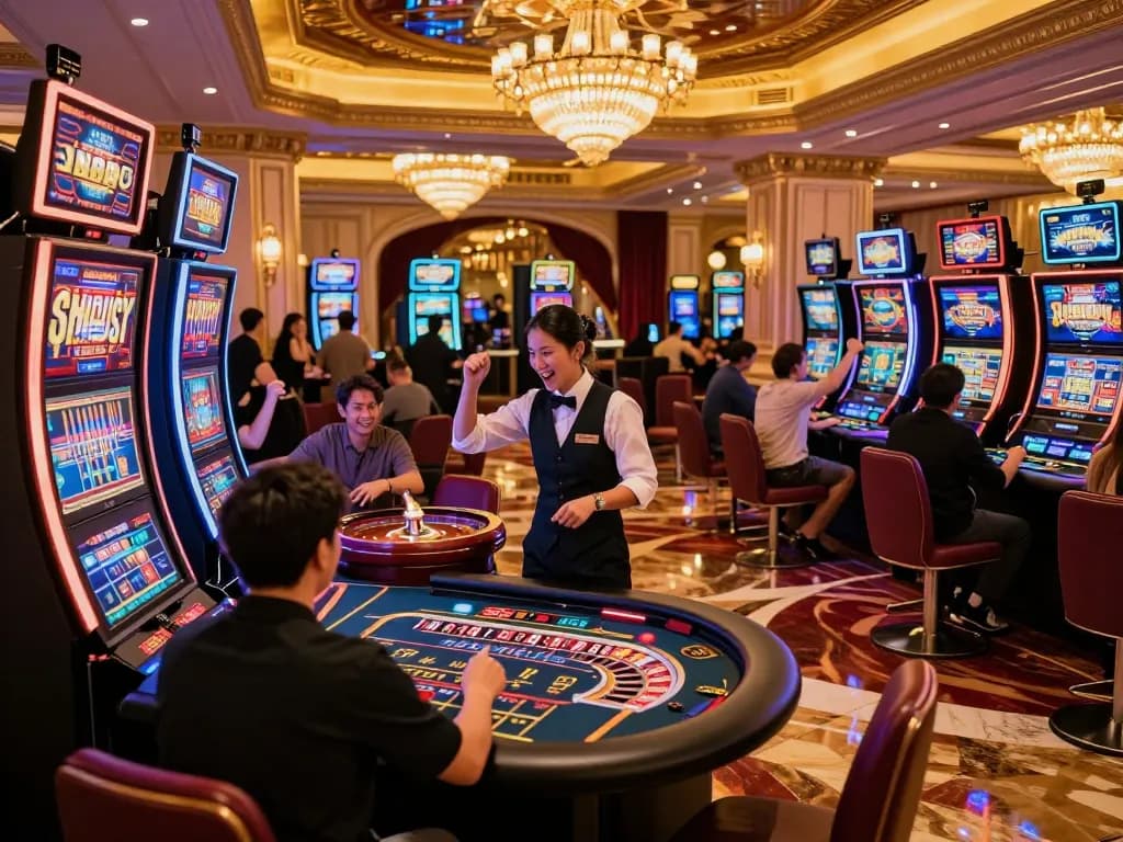 Players enjoying thrilling casino action at dh88 amidst vibrant slot machines.