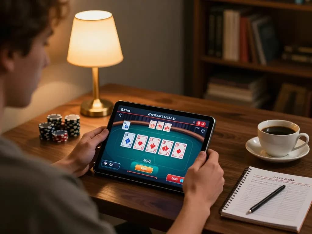 Engaging with live poker on God55 tablet, displaying cards with strategic notes and coffee, warm home ambiance