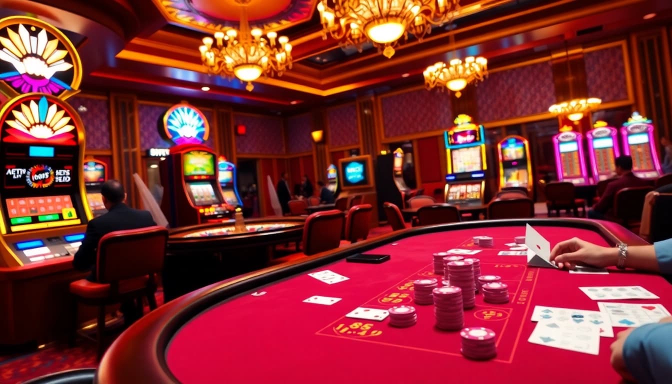 Experience the thrill of gambling at a luxurious casino with j88-themed poker tables and vibrant slot machines.