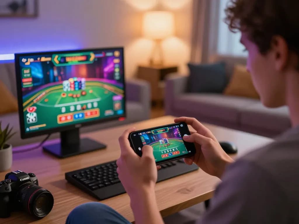 Engaging smartphone gaming scene at https://ph365.cx/ with live dealer casino interface and casual player atmosphere.