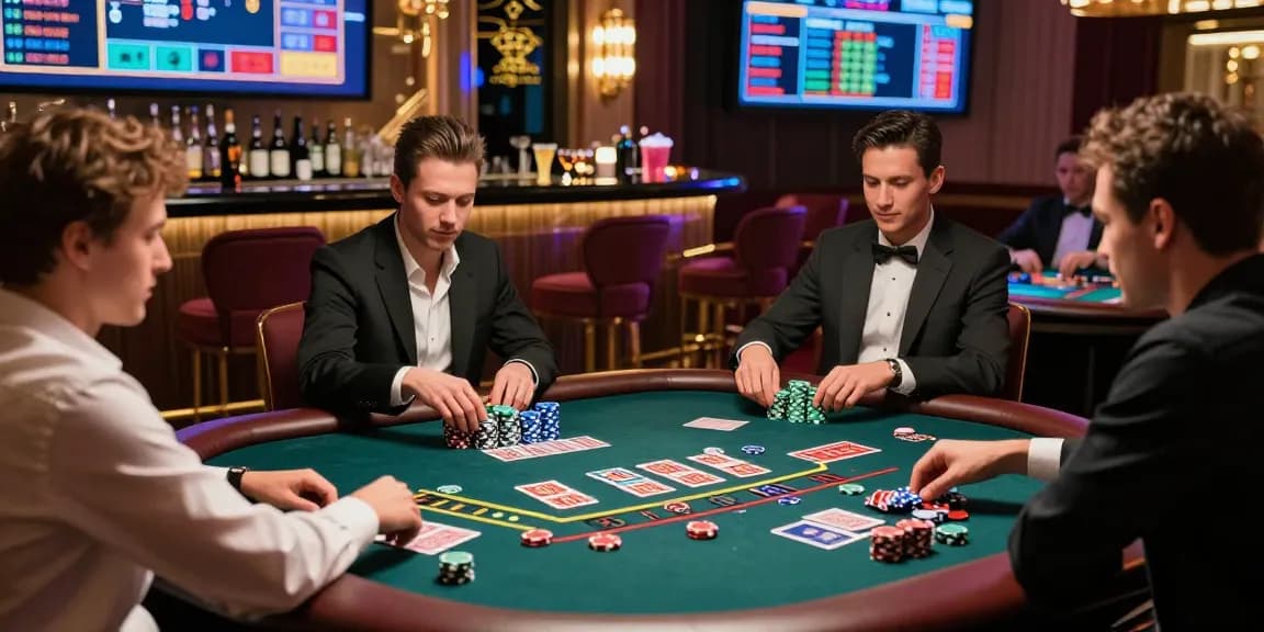 A diverse group enjoying iwin at a luxury casino gaming table with vibrant lights and high-end decor.