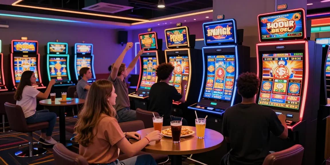 Friends enjoying buy feature slots in a lively casino setting with colorful graphics and snacks.