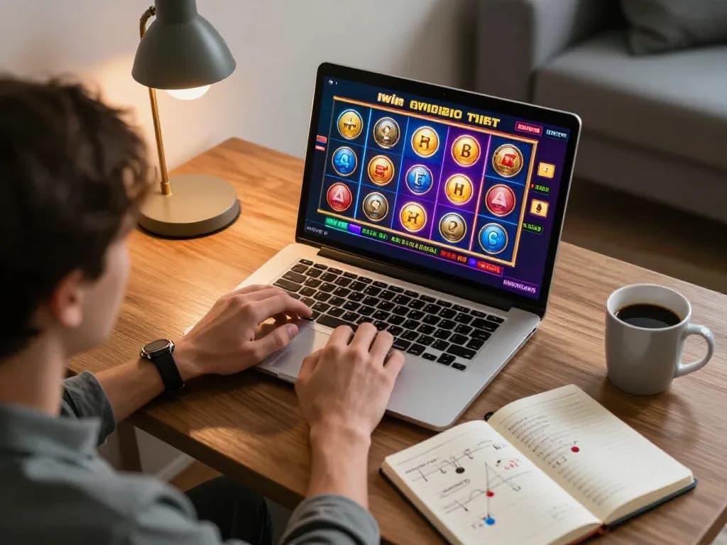 Iwin player engaging in online slots gameplay at cozy home setup, showcasing strategy notes.