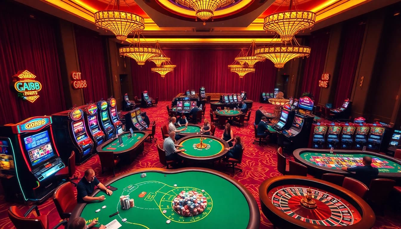 Engaged players enjoy exciting games at the go88 casino, showcasing vibrant tables and slot machines.