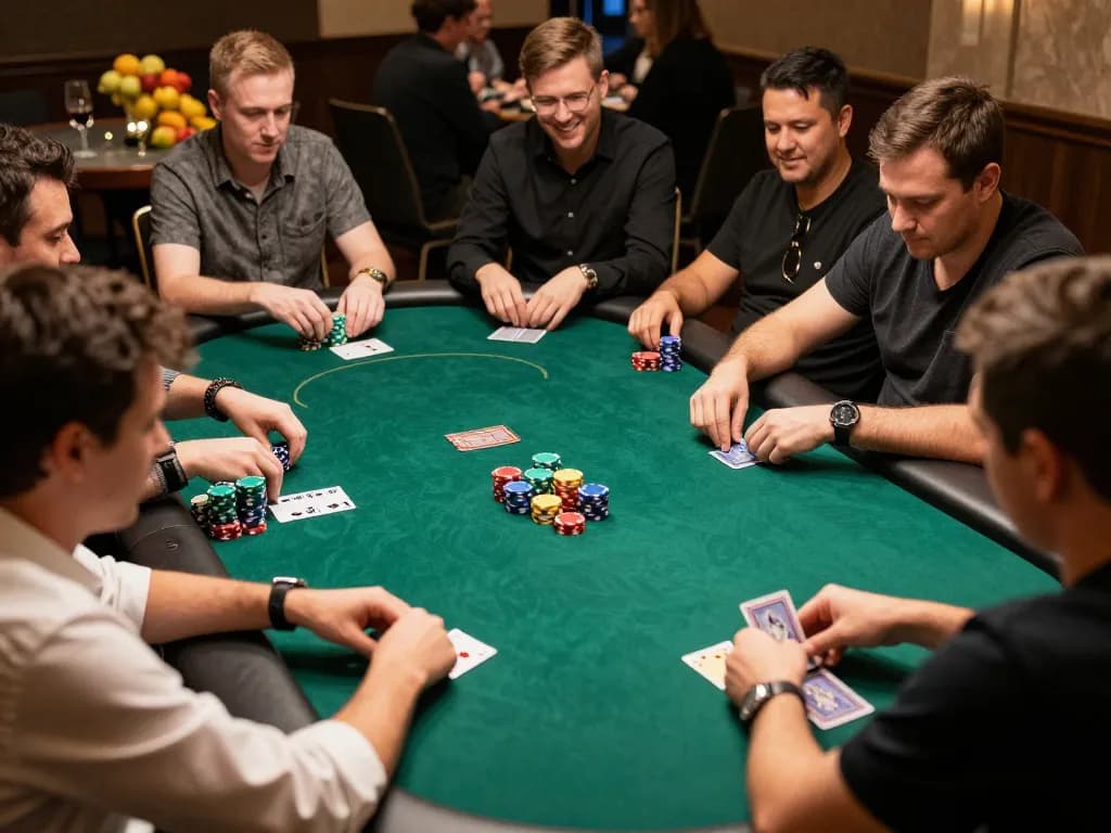 KJC poker players engaged in a high-stakes game, showcasing strategic betting and intense focus.