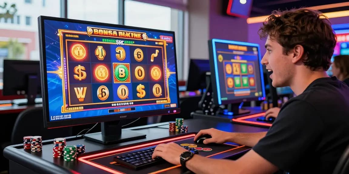 Player enjoying bonus buy slots at a stylish online casino with vibrant graphics and excitement.
