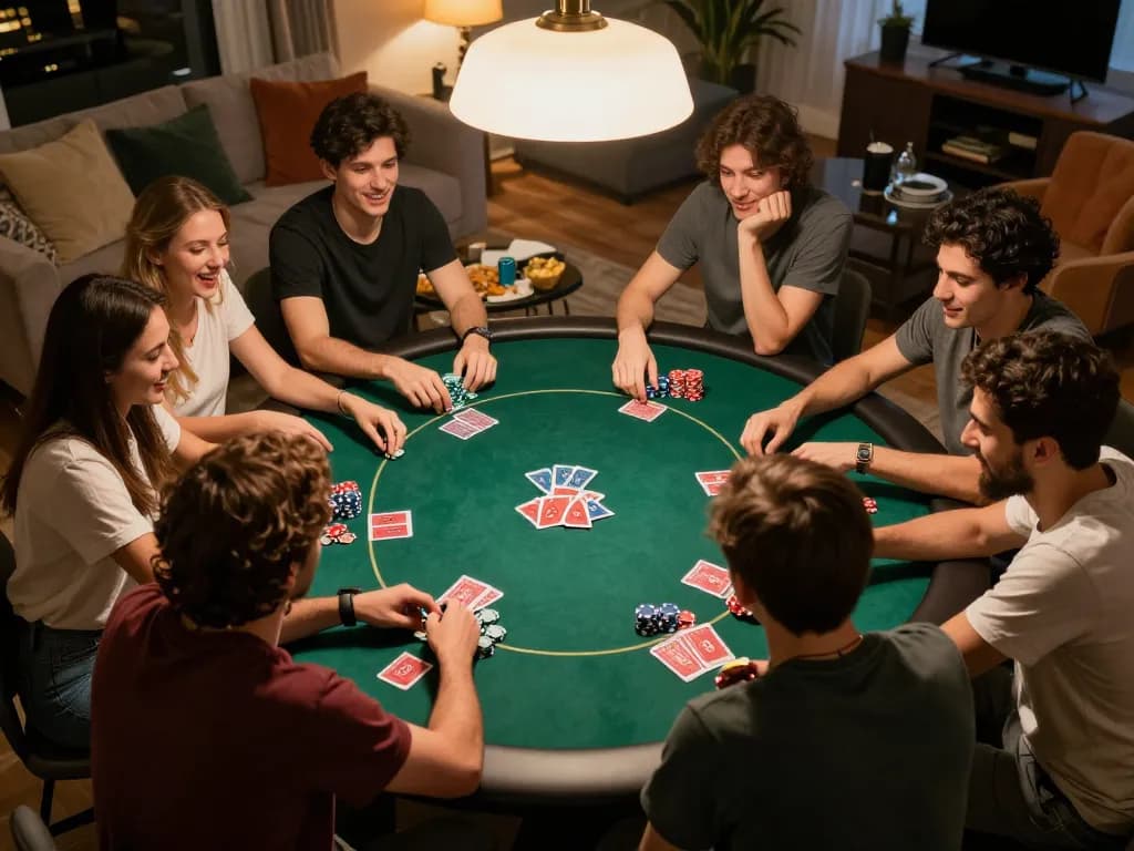 Friends playing poker during a lively game night showcasing engaging social moments, part of the tle-online community.