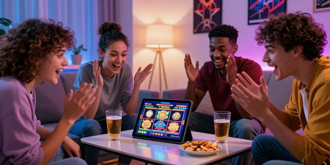 Group of friends enjoying new UK slot sites on a tablet in a cozy living room.