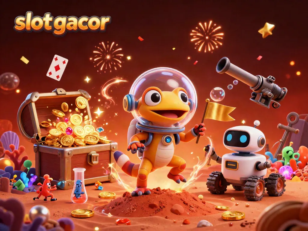 Slot gacor ditampilkan dalam ilustrasi 3D yang dinamis dengan karakter reptil dan elemen permainan kasino.