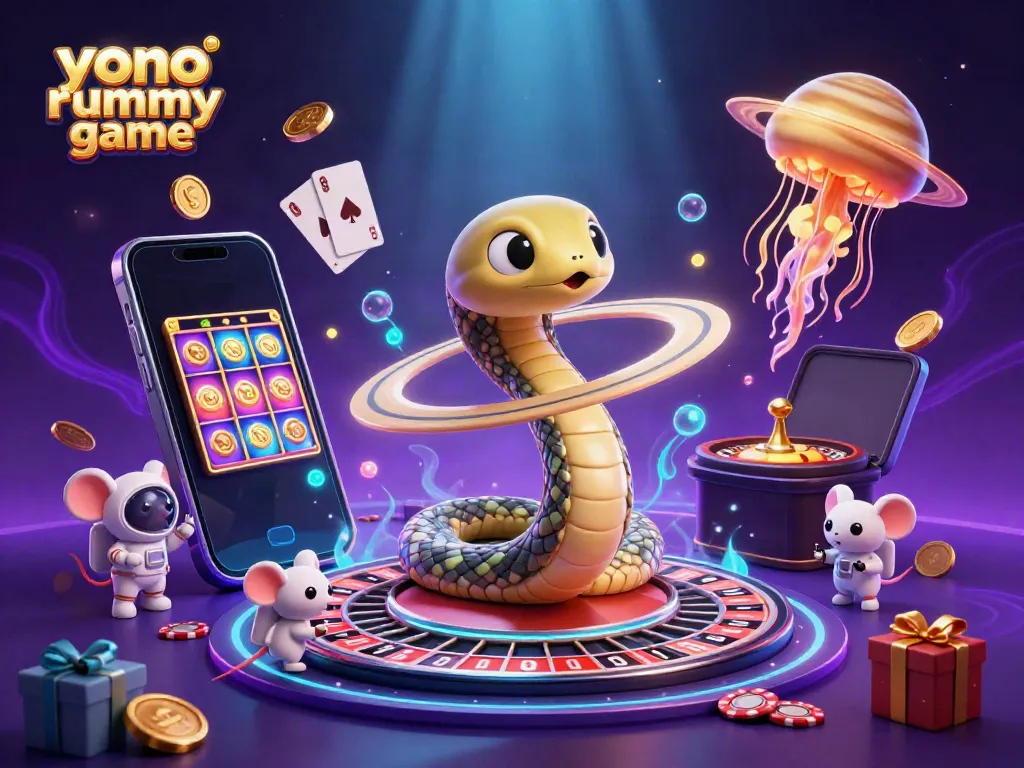 Permainan kartu Yono Rummy dalam ilustrasi 3D berwarna cerah dan menarik.