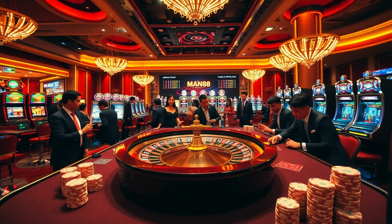 Man88 casino scene with roulette wheel and excited players betting.