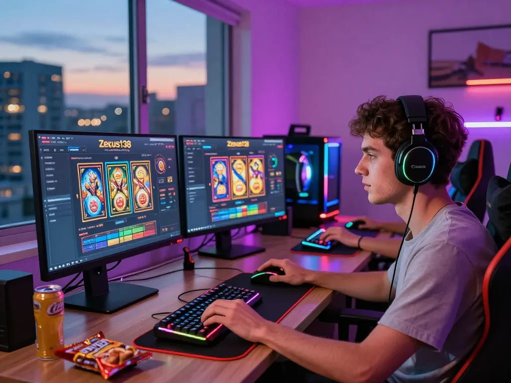 Engaging scene of a gamer enjoying Zeus138 online slot games, with colorful LED lights and gaming equipment.