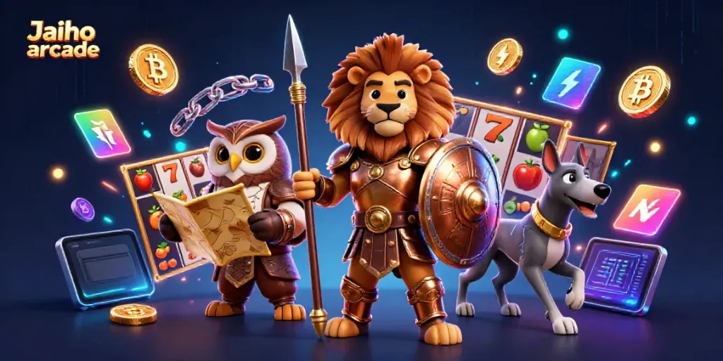 Engage with the dynamic Jaiho arcade scene featuring a 3D Spartan lion, tactical owl, and swift greyhound surrounded by slot gaming elements.