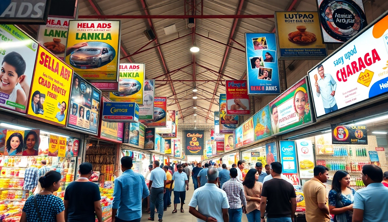 Engaging scene of Hela Ads in a vibrant Sri Lankan marketplace full of colorful advertisements.