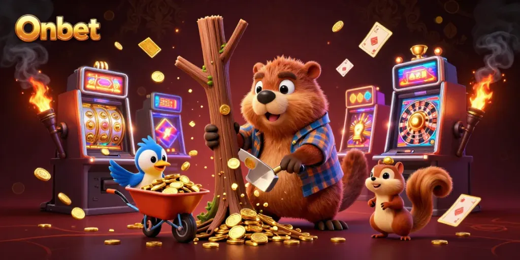 Onbet invites players with golden coins raining from a tree, showcasing vibrant casino elements for thrilling gambling.